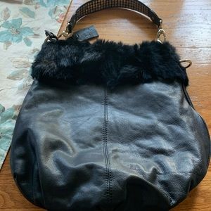 Diane Gail Leather/Rabbit FurTrim Shoulder Bag